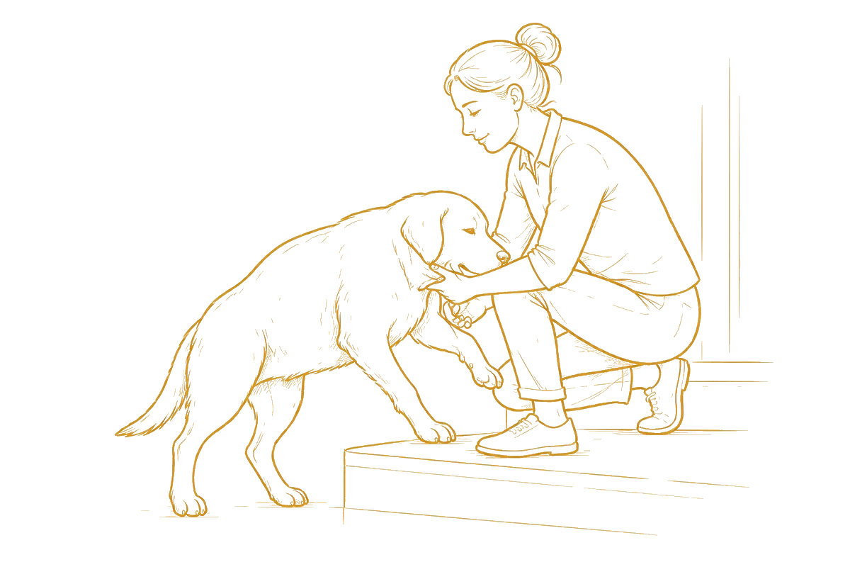 An owner helping an older dog with the stairs
